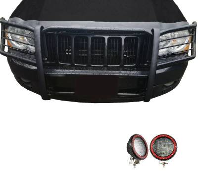 Black Horse Off Road - Grille Guard With Set of 5.3" Red Trim Rings LED Flood Lights-Black-2005-2010 Jeep Grand Cherokee|Black Horse Off Road