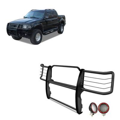 Black Horse Off Road - Grille Guard With Set of 5.3" Red Trim Rings LED Flood Lights-Black-Explorer/Mountaineer|Black Horse Off Road