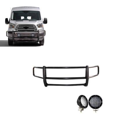 Black Horse Off Road - SPARTAN Grille Guard With Set of 5.3" Black Trim Rings LED Flood Lights-Black-2020-2025 Ford Transit-350 HD 2WD Full Size-Ford Transit-350 2WD Full Size-Ford Transit-250 2WD Full Size-Ford Transit-150 2WD Full Size|Black Horse Off Road