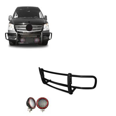 Black Horse Off Road - SPARTAN Grille Guard With Set of 5.3" Red Trim Rings LED Flood Lights-Black-Dodge,Mercedes and Freightliner Sprinter|Black Horse Off Road