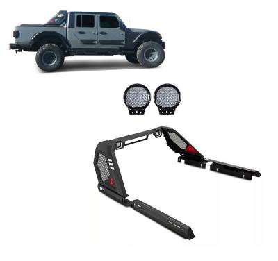 Black Horse Off Road - VIGOR Roll Bar Ladder Rack With Set of 9" Black Round LED Light-Black-2020-2024 Jeep Gladiator|Black Horse Off Road