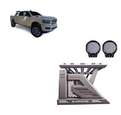 Black Horse Off Road - ARMOUR II Roll Bar Ladder Rack W/Basket With Set of 9" Black Round LED Light-Black-Silverado 1500/Sierra 1500/F-150/1500/Tundra|Black Horse Off Road