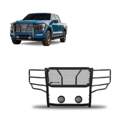 Black Horse Off Road - RUGGED Heavy Duty Grille Guard With Set of 5.3".Black Trim Rings LED Flood Lights-Black-2021-2024 Ford F-150|Black Horse Off Road