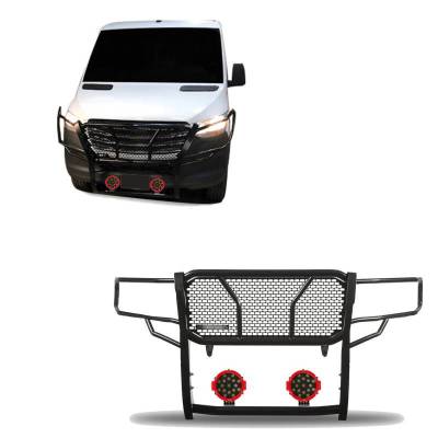 Black Horse Off Road - RUGGED Heavy Duty Grille Guard With Set of 7.0" Red Trim Rings LED Flood Lights-Black-Dodge,Mercedes and Freightliner Sprinter|Black Horse Off Road