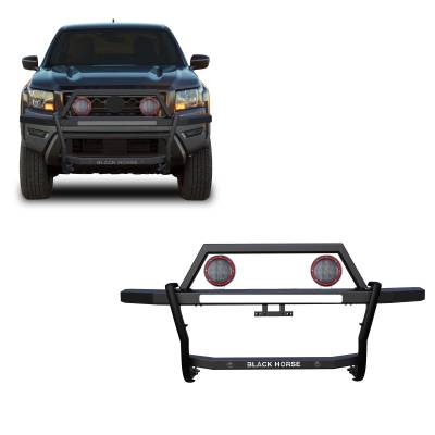 Black Horse Off Road - RAMBLER Grille Guard With Set of 5.3" Red Trim Rings LED Flood Lights-Black-2022-2026 Nissan Frontier|Black Horse Off Road