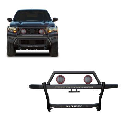 Black Horse Off Road - RAMBLER Grille Guard With Set of 5.3" Red Trim Rings LED Flood Lights and 30" LED Bar Single Row-Black-2022-2026 Nissan Frontier|Black Horse Off Road