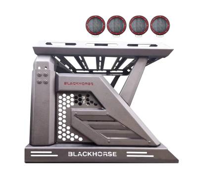 Black Horse Off Road - ARMOUR II Roll Bar Ladder Rack W/Basket With 2 Sets of 5.3" Red Trim Rings LED Flood Lights-Black-2019-2024 Jeep Gladiator|Black Horse Off Road