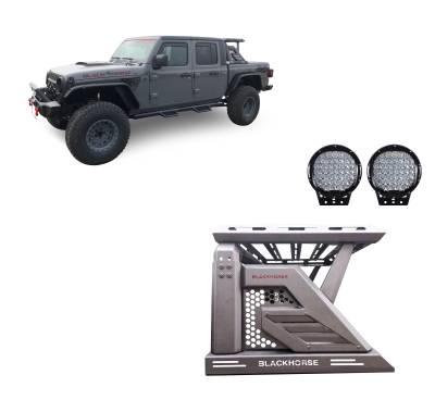 Black Horse Off Road - ARMOUR II Roll Bar Ladder Rack W/Basket With Set of 9" Black Round LED Light-Black-2019-2024 Jeep Gladiator|Black Horse Off Road