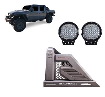 Black Horse Off Road - ARMOUR II Roll Bar With Set of 9" Black Round LED Light-Black-2019-2024 Jeep Gladiator|Black Horse Off Road