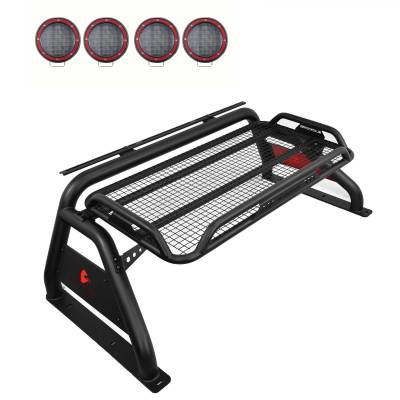 Black Horse Off Road - ATLAS Roll Bar Ladder Rack With 2 Sets of 5.3" Red Trim Rings LED Flood Lights-Black-2005-2021 Nissan Frontier|Black Horse Off Road