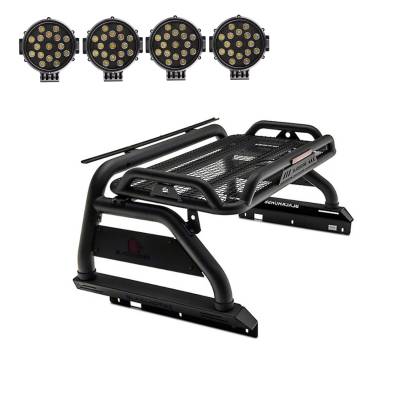 Black Horse Off Road - ATLAS Roll Bar Ladder Rack With 2 pairs of 7.0&quot; Black Trim Rings LED Flood Lights-Black-2019-2024 Ford Ranger|Black Horse Off Road