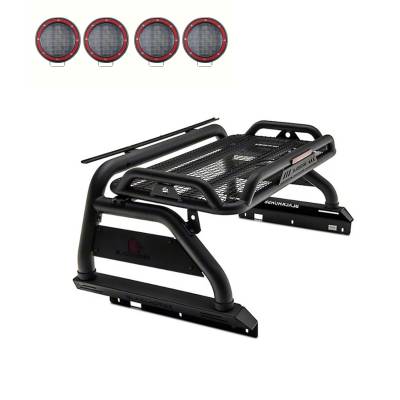 Black Horse Off Road - ATLAS Roll Bar Ladder Rack With 2 Sets of 5.3" Red Trim Rings LED Flood Lights-Black-2019-2024 Ford Ranger|Black Horse Off Road