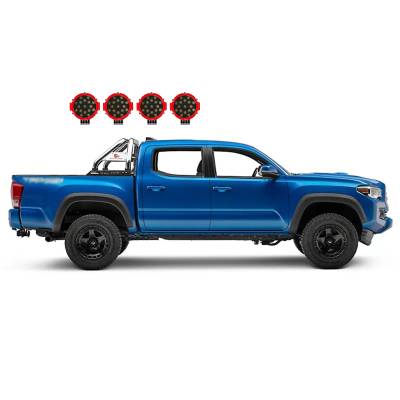 Black Horse Off Road - CLASSIC Roll Bar With 2 pairs of 7.0" Red Trim Rings LED Flood Lights-Stainless Steel-Canyon/Colorado|Black Horse Off Road
