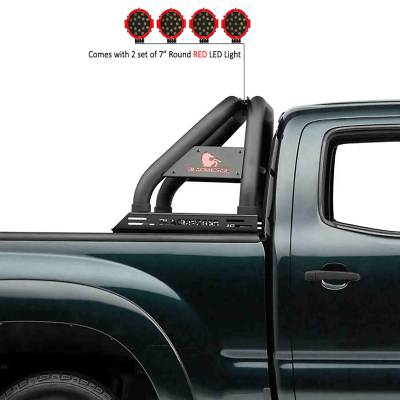 Black Horse Off Road - CLASSIC Roll Bar With 2 pairs of 7.0" Red Trim Rings LED Flood Lights-Black-2005-2024 Toyota Tacoma|Black Horse Off Road