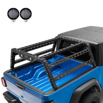 Black Horse Off Road - TRAVELER OVERLAND UTILITY Bed Rack With 2 Set of 5.3".Black Trim Rings LED Flood Lights-Black-Midsize- Half Ton- Three Quarter Ton Trucks-800 Lbs Capacity|Black Horse Off Road