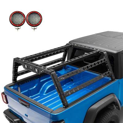 TRAVELER OVERLAND UTILITY Bed Rack With 2 Set of 5.3".Red Trim Rings LED Flood Lights-Black-Midsize- Half Ton- Three Quarter Ton Trucks-800 Lbs Capacity|Black Horse Off Road