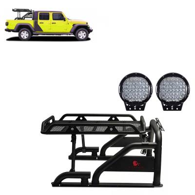 Black Horse Off Road - WARRIOR Roll Bar Ladder Rack With Set of 9" Black Round LED Light-Black-2020-2024 Jeep Gladiator|Black Horse Off Road