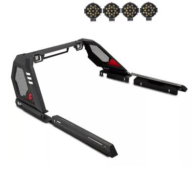 Black Horse Off Road - VIGOR Roll Bar With 2 pairs of 7.0" Black Trim Rings LED Flood Lights-Black-Silverado 1500/Sierra 1500/Ram 1500/F-150/Tundra|Black Horse Off Road