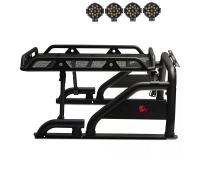 Black Horse Off Road - WARRIOR Roll Bar With 2 pairs of 7.0" Black Trim Rings LED Flood Lights-Black-Silverado/Sierra 14+,Ford F-150 15+,Dodge Ram 15+|Black Horse Off Road
