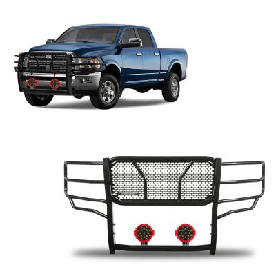 Black Horse Off Road - RUGGED Heavy Duty Grille Guard With Set of 7.0" Red Trim Rings LED Flood Lights-Black-Ram 2500/Ram 3500|Black Horse Off Road