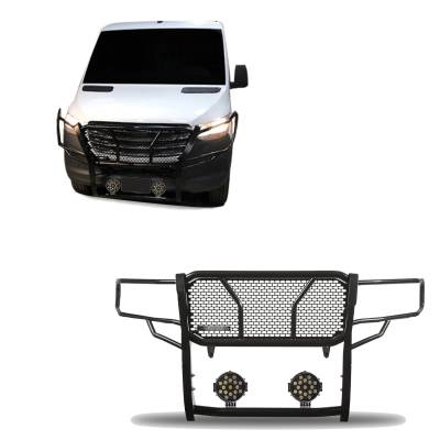 Black Horse Off Road - RUGGED Heavy Duty Grille Guard With Set of 7.0" Black Trim Rings LED Flood Lights-Black-Dodge,Mercedes and Freightliner Sprinter|Black Horse Off Road