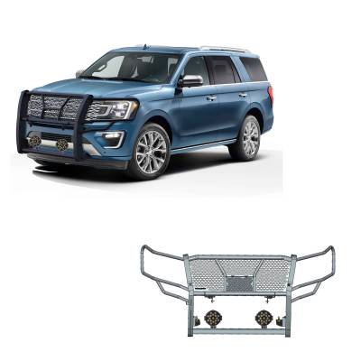 Black Horse Off Road - RUGGED Heavy Duty Grille Guard With Set of 7.0" Black Trim Rings LED Flood Lights-Black-2018-2024 Ford Expedition|Black Horse Off Road