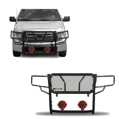 Black Horse Off Road - RUGGED Heavy Duty Grille Guard With Set of 7.0" Red Trim Rings LED Flood Lights-Black-2009-2014 Ford F-150|Black Horse Off Road