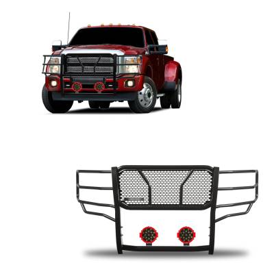 Black Horse Off Road - RUGGED Heavy Duty Grille Guard With Set of 7.0" Red Trim Rings LED Flood Lights-Black-F-250/F-350/F-450/F-550 SD|Black Horse Off Road