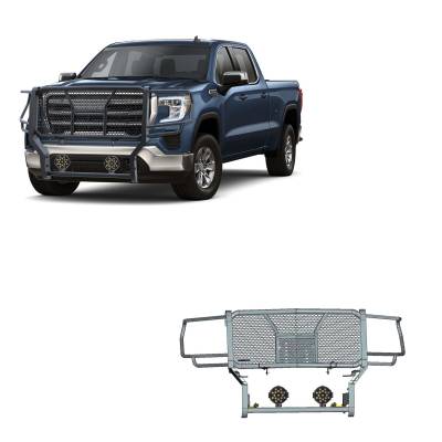 Black Horse Off Road - RUGGED Heavy Duty Grille Guard With Set of 7.0" Black Trim Rings LED Flood Lights-Black-Sierra 2500 HD/Sierra 3500 HD|Black Horse Off Road