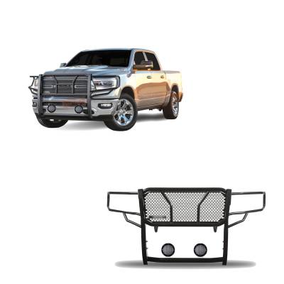 Black Horse Off Road - RUGGED Heavy Duty Grille Guard With Set of 5.3".Black Trim Rings LED Flood Lights-Black-2019-2025 Ram 1500|Black Horse Off Road