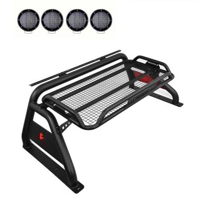 Black Horse Off Road - ATLAS Roll Bar Kit-With 2 Set of 5.3" Black Trim Rings LED Flood Lights-Black-Silverado/Sierra 14+,Ford F-150 15+,Dodge Ram 15+|Black Horse Off Road