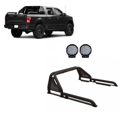 Black Horse Off Road - GLADIATOR Roll Bar Kit-With Set of 9" Black Round LED Light-Black-Silverado/Sierra 14+,Ford F-150 15+,Dodge Ram 15+|Black Horse Off Road