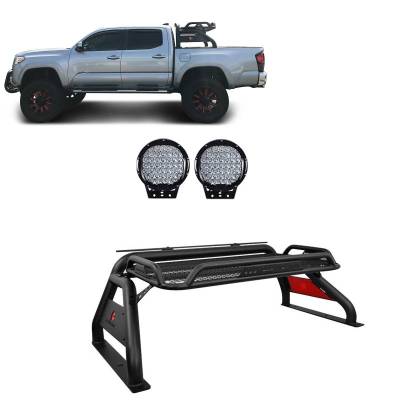 Black Horse Off Road - ATLAS Roll Bar Kit-With Set of 9" Black Round LED Light-Black-2015-2026 Toyota Tacoma|Black Horse Off Road