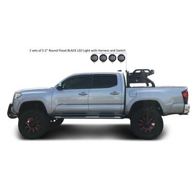 Black Horse Off Road - ATLAS Roll Bar Kit-With 2 Set of 5.3" Black Trim Rings LED Flood Lights-Black-2015-2026 Toyota Tacoma|Black Horse Off Road
