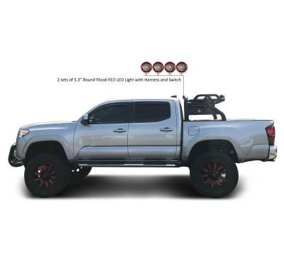 Black Horse Off Road - ATLAS Roll Bar Kit-With 2 Set of 5.3" Black Trim Rings LED Flood Lights-Black-2015-2026 Toyota Tacoma|Black Horse Off Road