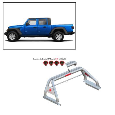J | Classic Roll Bar | Stainless Steel | Tonneau Cover Compatible | W/ Set of 7" Red LED | RB09SS-PLR