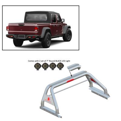 Black Horse Off Road - J | Classic Roll Bar | Stainless Steel | Tonneau Cover Compatible | W/ Set of 7" Black LED | RB09SS-PLB