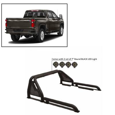 J | Gladiator Roll Bar | Black | Compatible With Most Full Size Trucks | W/ Set of 7" Black LED | GLRB-01B-PLB