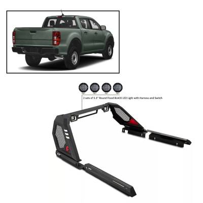 J | Vigor Roll Bar | Black | with a set of 5.3” Black Round Flood LED Lights | VIRB08B-PLFB