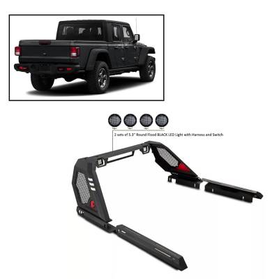 J | Vigor Roll Bar | Black | with a set of 5.3” Black Round Flood LED Lights | VIRB09B-PLFB
