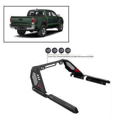 J | Vigor Roll Bar | Black | with a set of 5.3” Black Round Flood LED Lights | VIRB06B-PLFB