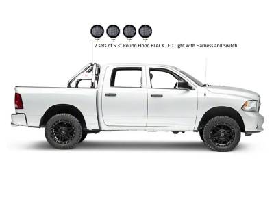 J | Classic Roll Bar | Stainless Steel | Flat Base | with 2 sets of 5.3" Round Flood Black LED Light | RB002SS-PLFB