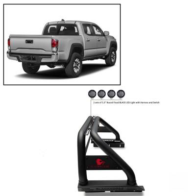Black Horse Off Road - J | Classic Roll Bar | Black | Tonneau Cover Compatible | with 2 sets of 5.3" Round Flood Black LED Light | RB006BK-PLFB