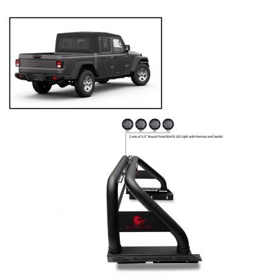 Black Horse Off Road - J | Classic Roll Bar | Black | Tonneau Cover Compatible | with 2 sets of 5.3" Round Flood Black LED Light | RB09BK-PLFB
