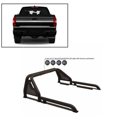J | Gladiator Roll Bar | Black | Compatible With Most Full Size Trucks | W/ a set of 5.3” Black Round Flood LED Lights | GLRB-01B-PLFB