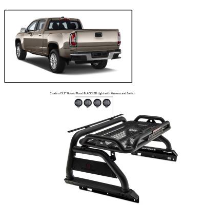 J | Atlas Roll Bar | Black | Tonneau Cover Compatible |  Comes with a set of 5.3” Black Round Flood LED Lights | ATRB5BK-PLFB