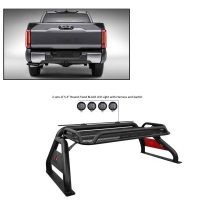 J | Atlas Roll Bar | Black| Compatible With Most 1/2 TON Trucks | Comes with a set of 5.3” Black Round Flood LED Lights | RB-BA1B-PLFB