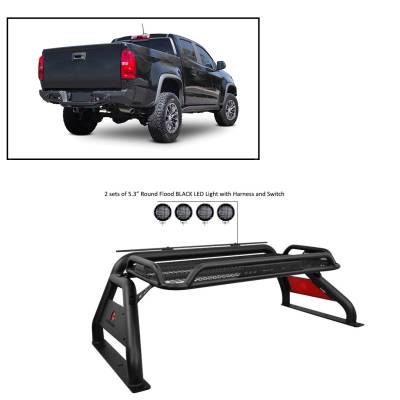 J | Atlas Roll Bar | Black | Compatible With Most 1/2 Ton Trucks | Comes with a set of 5.3” Black Round Flood LED Lights | ATRB-GMCOB-PLFB