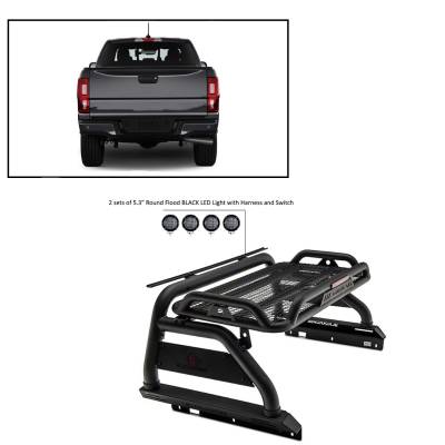 Black Horse Off Road - J | Atlas Roll Bar | Black | Comes with a set of 5.3” Black Round Flood LED Lights | ATRB8BK-PLFB - Image 1
