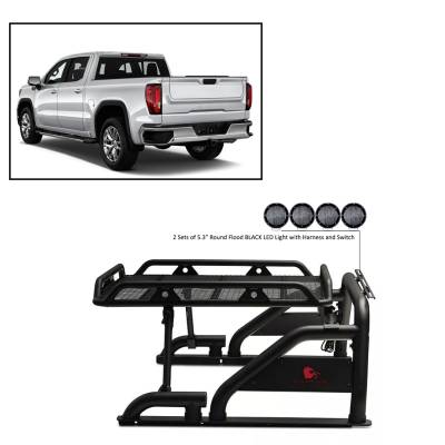 J | Warrior Roll Bar | Black | Compatible With Most 1/2 Ton Trucks | W/ Set of 5.3” Black Round Flood LED Lights | WRB-001BK-PLFB